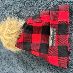 Kids Red and Black Plaid Pom-Pom Beanie